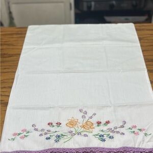 Vintage handmade Embroidered pillowcase Floral Lavender Trim